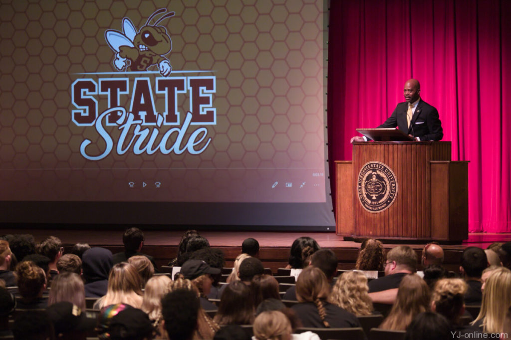 President Jenkins speaks during State Stride. (Jon Musselwhite/YJ Online)